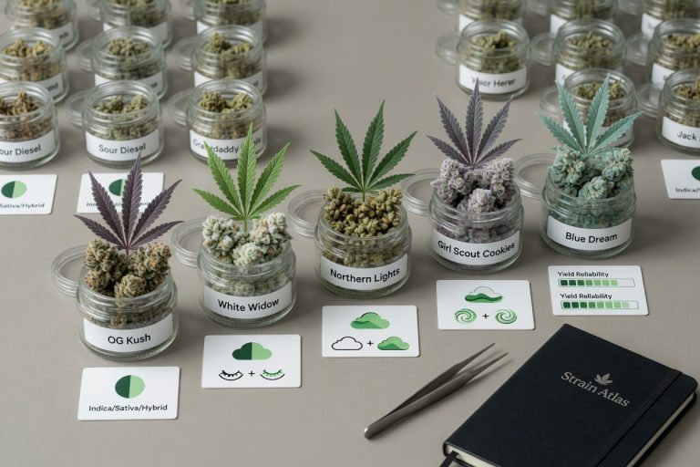 Studio flat lay of labeled cannabis strain jars—OG Kush, White Widow, Northern Lights, Girl